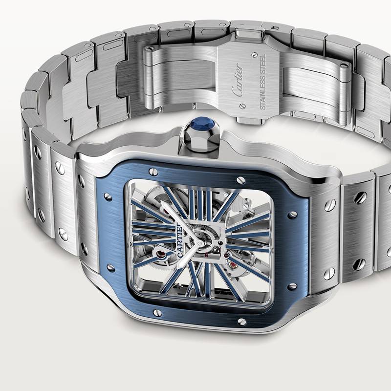 Cartier Santos de Cartier skelethorloge Blauw Kroon Staal 47.5 mm x 39.7 mm CRWHSA0026 - Afbeelding 7